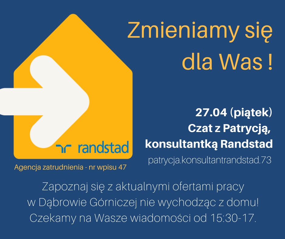 Plakat informujący o możliwości czatu z konsultantem Randstad w dniu 27.04.2018 r. od godziny 15:30 - 17:00