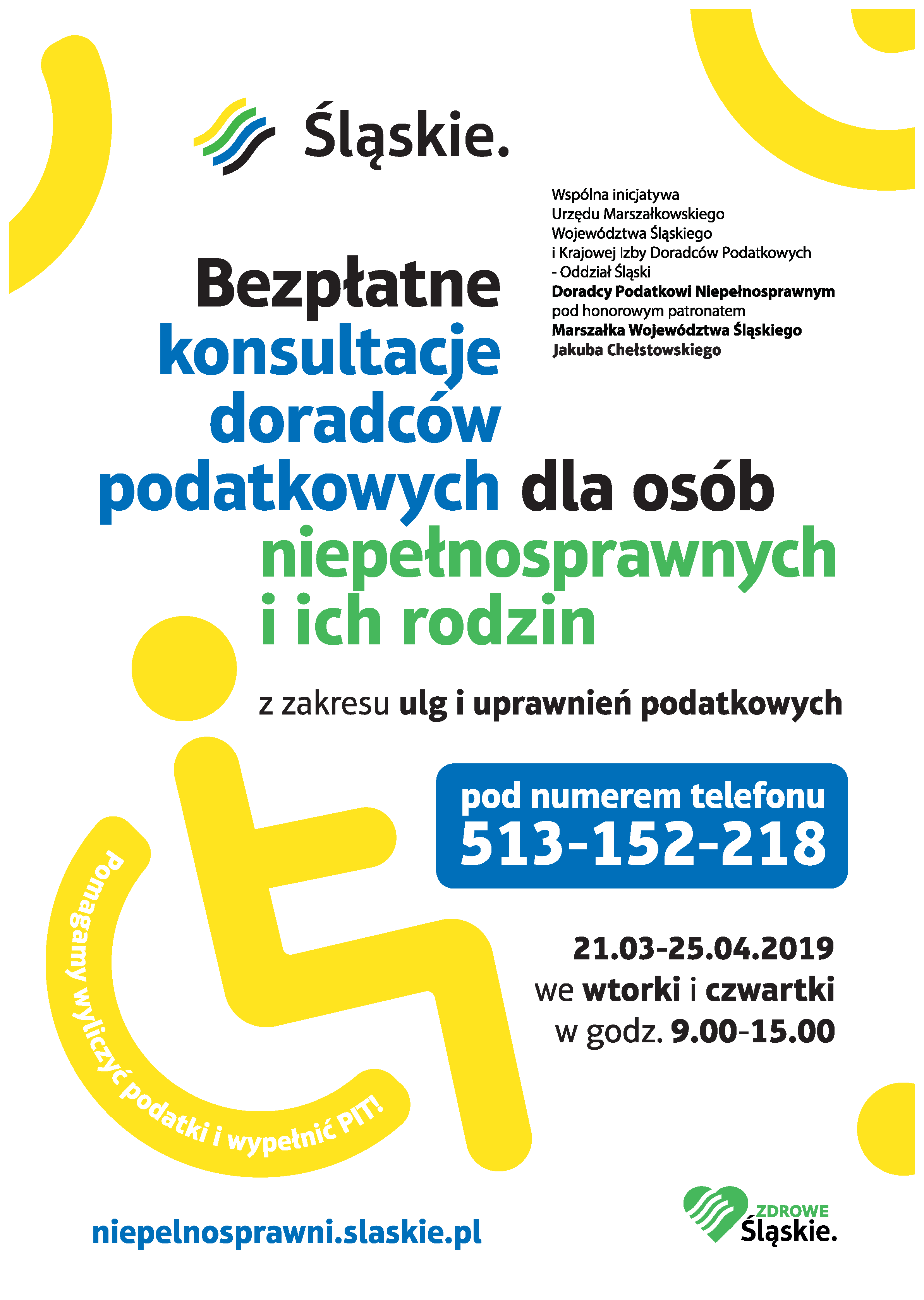 Plakat informujący o bezpłatnych konsultacjach doradców podatkowych dla osób niepełnosprawnych i ich rodzin.