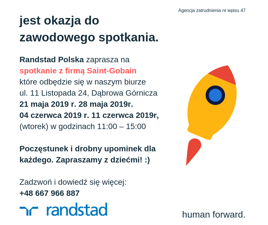 Plakat informujący - Randstad Polska zaprasza na spotkanie z firmą Saint - Gobain
