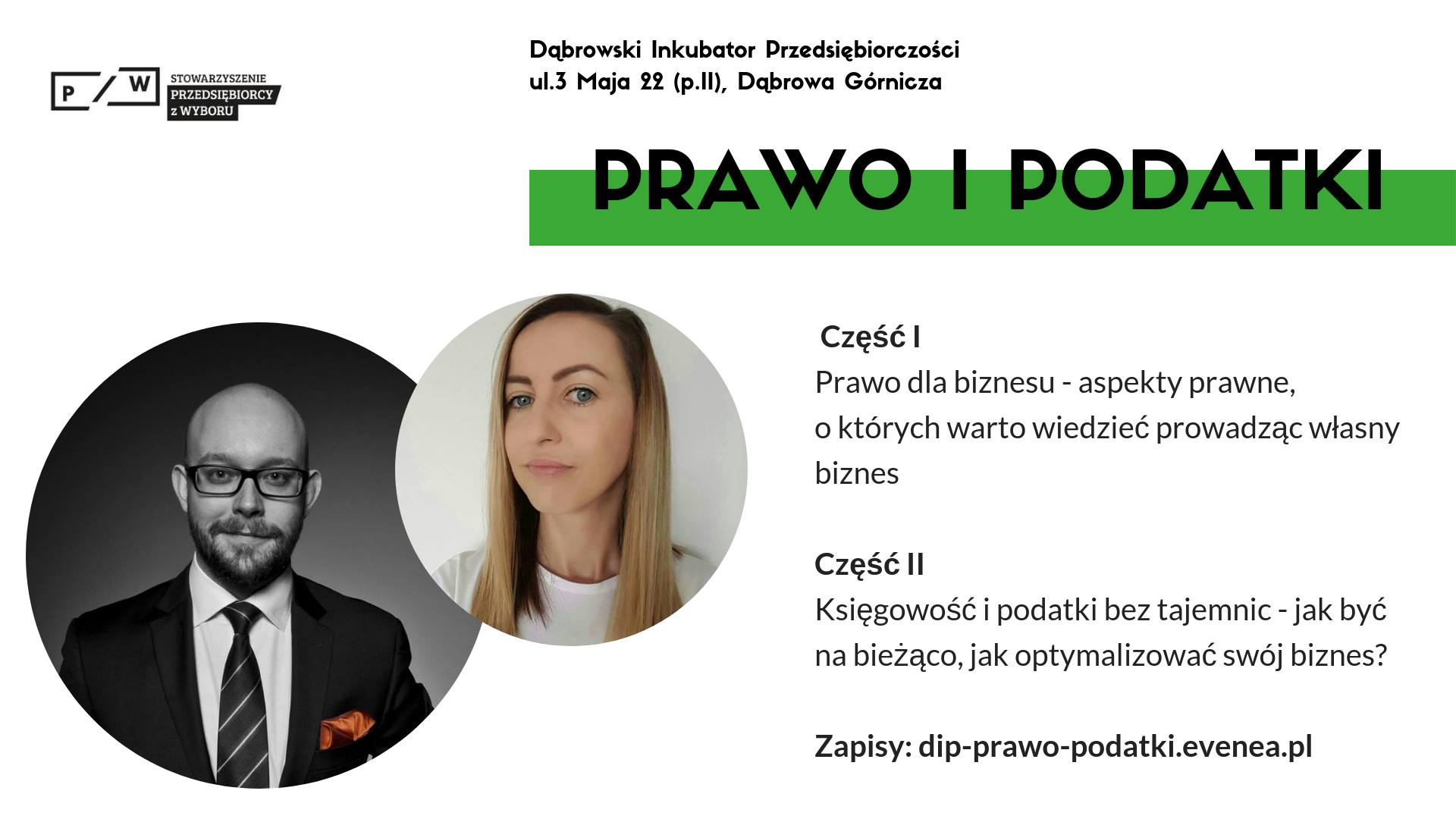 Plakat informujący o organizacji szkoleń dla przedsiębiorców w Dąbrowskim Inkubatorze Przedsiębiorczości