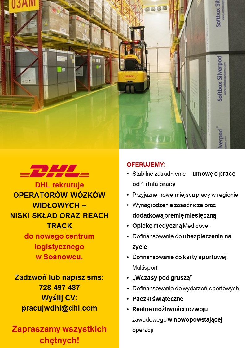 Plakat opisujący warunki zatrudnienia na stanowisku operator wózka widłowego, dotyczy rekrutacji do firmy DHL