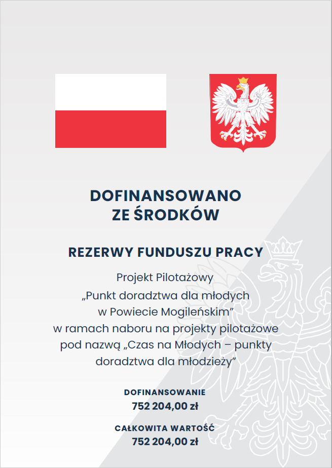 Plakat projekt pilotażowy Punkt doradztwa dla młodych w Powiecie Mogileńskim