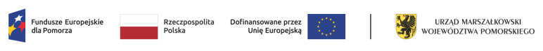 Grafika przedstawia pasek z logotypami na białym tle. Od lewej znajdują się oznaczenia Funduszy Europejskich dla Pomorza, flaga Rzeczypospolitej Polskiej wraz z flagą UE i dopiskiem Dofinansowane przez Unię Europejską. Z prawej strony znajduje się herb województwa wraz z napisem Urząd Marszałkowski Województwa Pomorskiego.