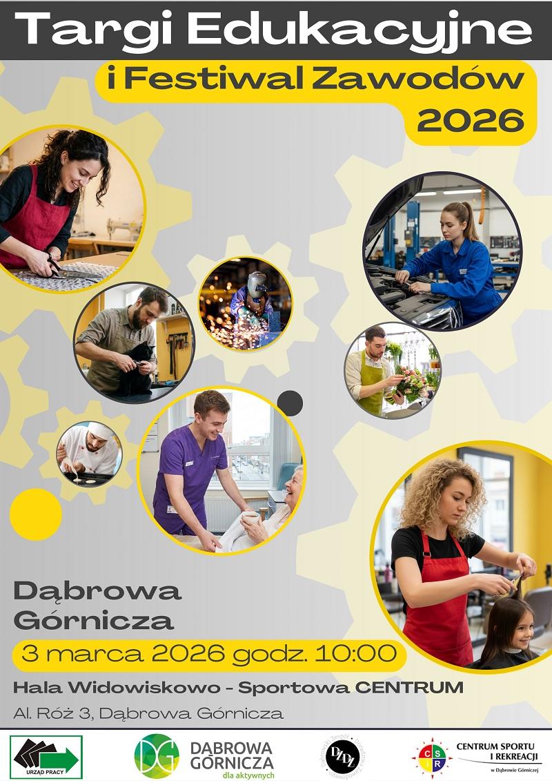 Plakat z grafikami przedstawiający wydarzenie targów edukacyjnych i festiwalu zawodów 2026