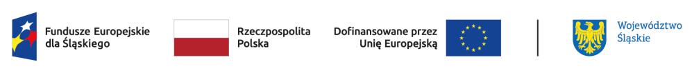 Grafika przedstawia ciąg logotypów: pierwszy od lewej to logotyp programu Fundusze Europejskie dla śląskiego, następnie flaga Polski, logotyp Unii Europejskiej z opisem dofinansowane przez Unię Europejską, po prawej herb województwa śląskiego