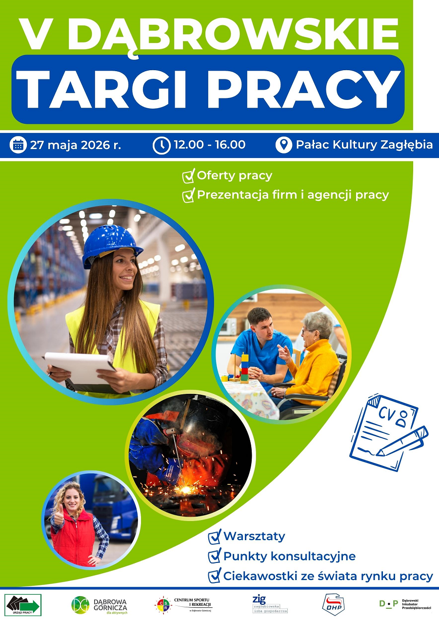 Grafika przedstawia plakat z wydarzeniem V Dąbrowskie Targi Pracy
