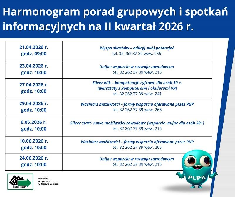Grafika informująca o wykazie porad grupowych i spotkań informacyjnych na II kwartał 2026 r.