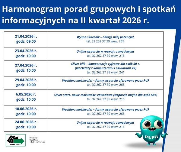 Grafika przedstawiająca harmonogram porad grupowych na II kwartał 2026 roku