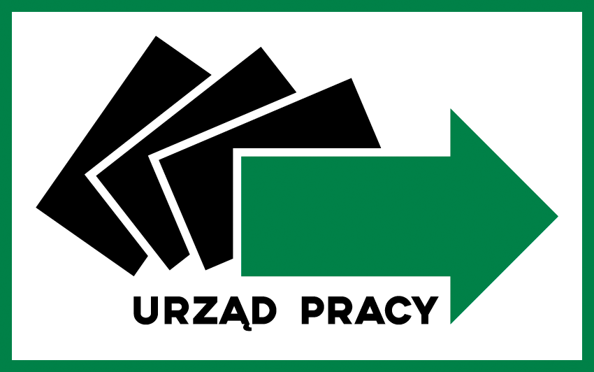 logo urzędu pracy, trzy czarne prostokąty pochylone względem siebie, na tym zielona strzałka z grotem w prawą stronę, pod spodem czarny napis urząd pracy